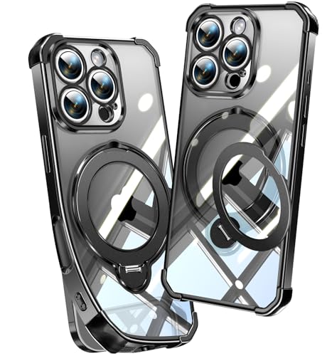 Image of Soft Case for iPhone 16 Pro with 360 Rotating Magnetic Stand, Compatible with Mag-Safe, 4X MIL-Drop Protection, Lightweight Glossy Anti-Yellowing Clear Back Phone Cover for iPhone 16 Pro 6.3 inch, Black