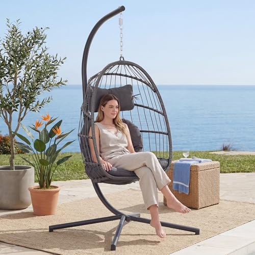 Yechen Indoor Outdoor Egg Hanging Chair with Stand, Patio Wicker Swing Egg Chair Indoor Swinging Chair Outdoor Hammock Egg Chair 350lbs Capacity for Patio Bedroom Balcony, Charcoal Grey (EG-001)
