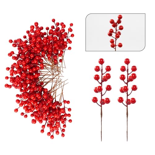 TrustGood 50 Pack Christmas Decorations Artificial Red Berry Stems for Xmas Winter Party Holiday Home Centerpieces and DIY Flower Arrangements