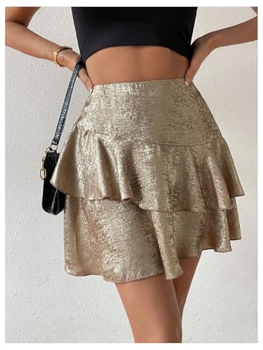 MakeMeChic Women's Metallic Ruffle Tiered Mini Skirt High Waisted A Line Y2K Party Short Skirts2