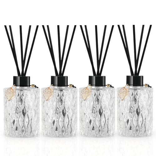 TRIFOLIC 4Pcs Reed Diffuser Set with Metal Golden Decoration, 6oz Empty Reed Diffuser Bottles with 20Pcs Reed Diffuser Sticks, Unique Design Bottles for Home and Office(Black)