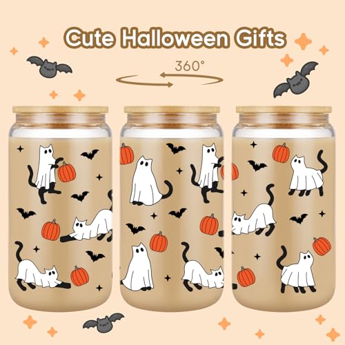 Fairy's Gift Halloween Ghost Cat Iced Coffee Cup, Halloween Cat Pumpkin Glass Tumbler, 16 oz Spooky Coffee Glass Cup with Lid Straw, Boo Basket Stuffers, Spooky Gifts for Feline Lover, Women, Teen - Image 3