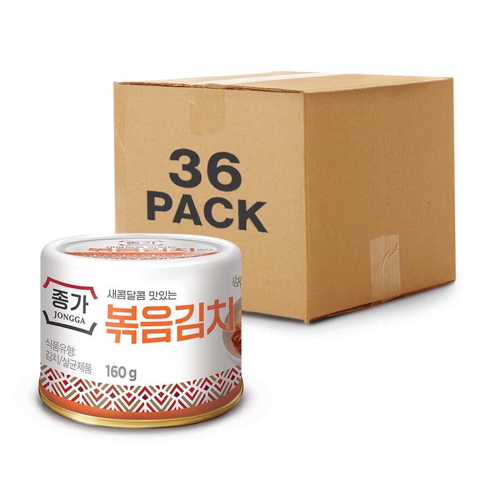 JONGGA Stir-Fried Can Kimchi (Pack of 36), Shelf Stable Canned Kimchi, Spicy Korean Authentic Fermented Pickled Cabbage, Perfect with Ramen, Noodles and Rice (1box)