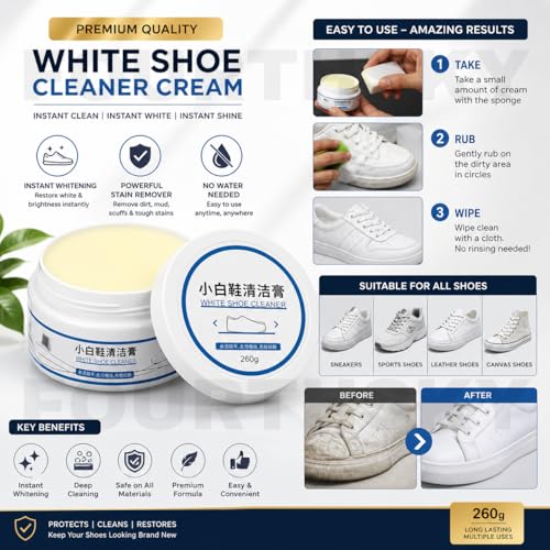 Image of White Shoe Cleaner Cream 260GM | Sneaker Cleaning & Whitening Cream | Instant Stain Remover for Sports Shoes, Canvas & Leather | Deep Clean & Bright White Finish
