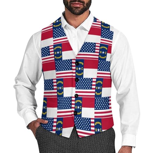 Flag of Usa And Carolina North Suit Vest for Men Waistcoat Dressy V Neck Button Down Sleeveless Business Jacket Coat
