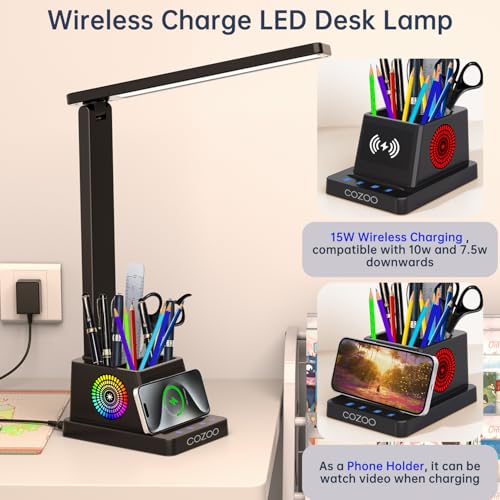 LED Desk Lamp with Wireless Charger and Pen Holder for Home Office or College Dorm Room