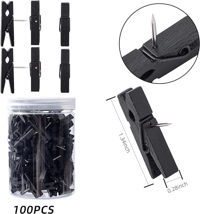 100 chinchetas con clips de madera, duraderas, decorativas, chinchetas para tablero de corcho, obras de arte, notas, fotos, proyectos de manualidades, oficinas y hogares