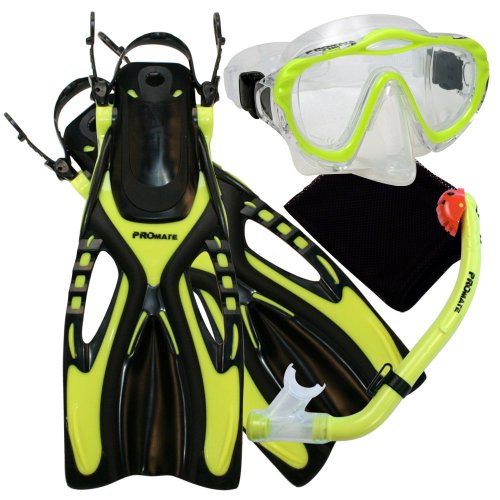 Promate 4570, YEL, sm, Junior Snorkeling Scuba Diving Mask Dry Snorkel Fins Set