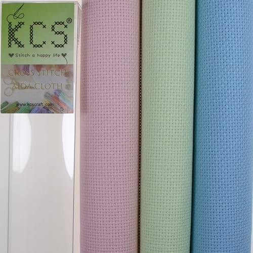 Image of KCS 3 pc of 15 inch x 18 inch(38cmx45cm) Counted Cross Stitch Cotton Aida Cloth Needlework Rolled Fabric Box,16CT,Light Blue+Pink+Light Green