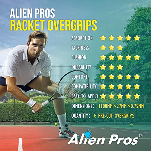 Image of Alien Pros Tennis Racket Grip Tape (6 Grips) - Precut and Dry Feel Tennis Grip - Tennis Overgrip Grip Tape Tennis Racket - Wrap Your Racquet for High Performance (6 Grips, White)