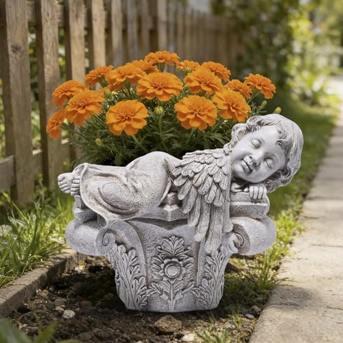 basen Angel Planter Pot for Outdoor Garden, Resin Angel Flower Pot with Sleeping Cherub Design,...