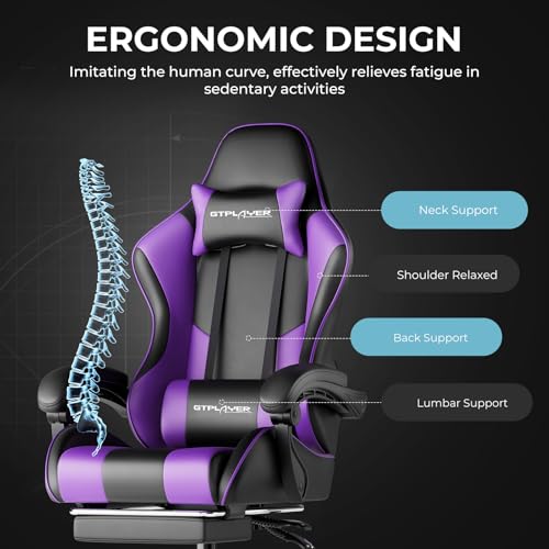Sedia da Gaming, Ergonomico Sedia da Ufficio, con Massaggiante poggiapiedi e supporto lombare, Schienale Regolabile 90-135°, Portata 150 kg, sedia per computer, Viola - Sedia gaming - Immagine 4