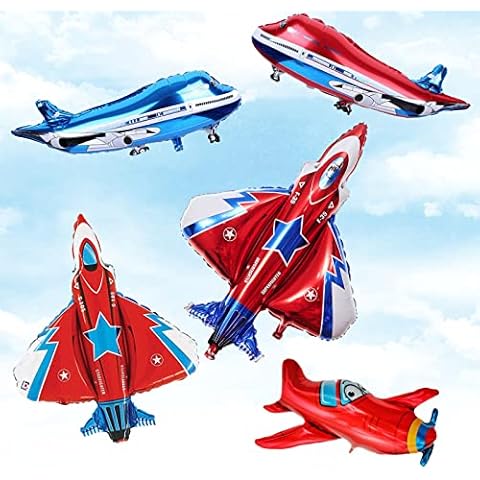 Airplane Foil Balloons, Large Fighter Helium Balloons with Small Fighter Inflatable Balloons Retro Airplane, Red Blue Airliner Balloons for Birthday Party, Baby Shower, Space Theme Decorations (5pcs) Cover