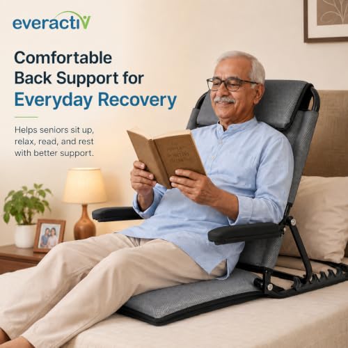 Image of Everactiv Adjustable Bed Back Support with Armrest, Foldable 6 Position Bed Rest Chair for Elderly, Reading, Resting & Recovery