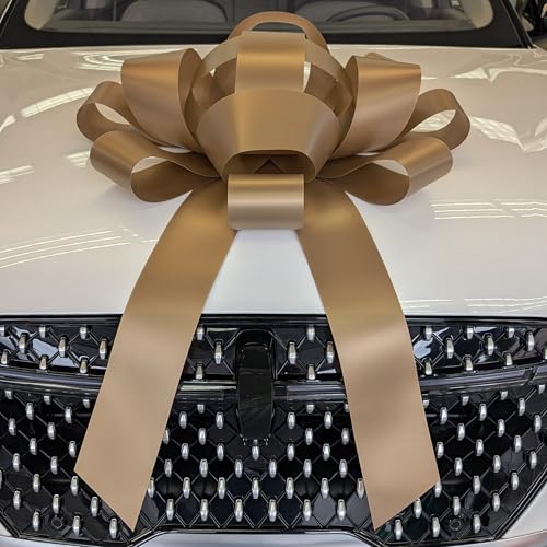 Image of CarBowz Big Car Bow for Car Decorations and Birthday Car Gifts, Large Bow Ribbon, Magnet, Car Safe Sticker Included, Fully Assembled 30 inch Wide Huge Bow, No Suction Cup Needed (Gold)