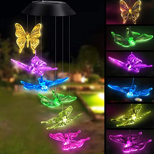 Topspeeder Wind Chime Solar Powered Color-Changing Led Butterfly Wind Chimes Multi Solar Powered Mobile Waterproof Automatic Light Sensor Outdoor Decor Christmas