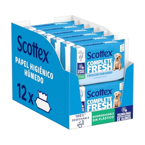 Scottex Papel Higiénico Húmedo Fresh con Agua Micelar y Vitamina E, Biodegradable y Sin Plástico, Caja 12 packs de 38 servicios, Total 456 Toallitas Húmedas Desechables por WC