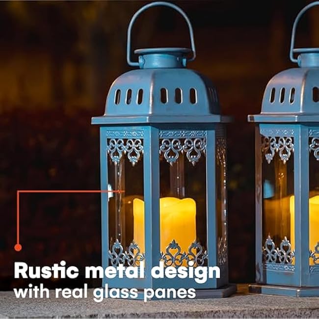 SteadyDoggie Solar Lanterns 2 Pack Blue - Hanging Solar Lights with Flickering Candle LED - Retro Ornate Hanging Lantern with Handle