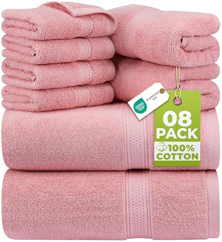 Image of Utopia Towels 8 Piece Luxury Towel Set - Majestic Plush, Super Absorbent & Quicker-to-Dry, Thick 100% Ring Spun Cotton Towels for Bathroom, Spa & Hotel - 2 Bath, 2 Hand, 4 Washcloths, Dusty Pink