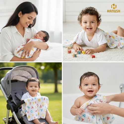 Image of HANUSH 100% Muslin Organic Cotton Kids Towel (75*100 cm)| Ultra Soft 2-Layer Newborn Bath Wrap & Toddler Towel | Highly Absorbent, Breathable Kids Body Wash Cloth for Infants & Boys, Girls (3-9 Years)