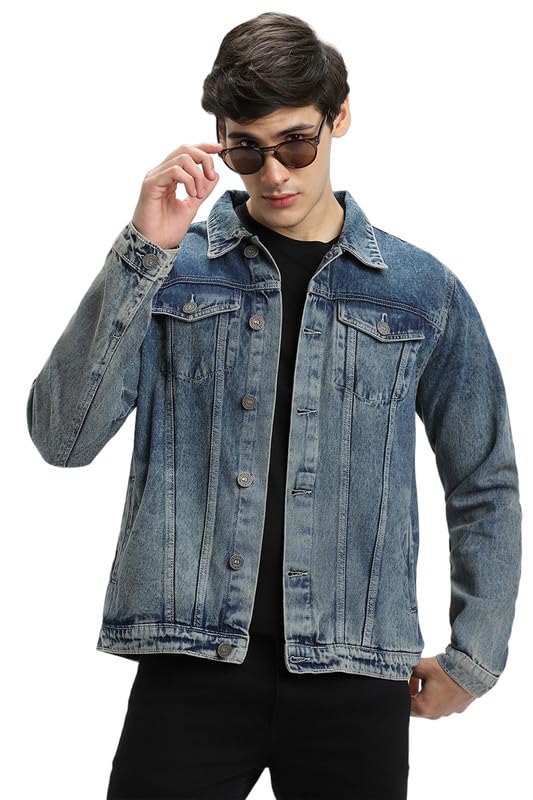 Image of DENNIS LINGO Men's Indigo Washed Cotton Denim Jacket, Regular Fit Long Sleeves Regular Collar