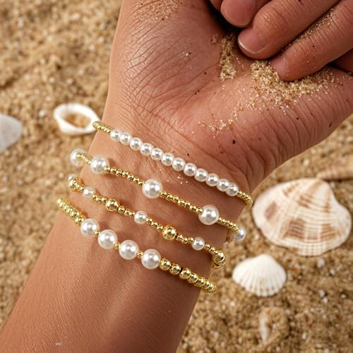 Dainty Gold Pearl Beaded Bracelet Stack for Women,4PCS Handmade Stretch Bohemian Gold Plated Beads Stackable Bracelets Trendy Prom Jewelry Gift Friendship2