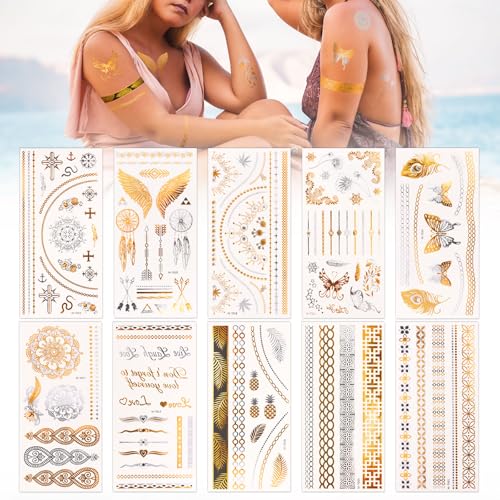 GEBETTER 10 Hojas Tatuajes Temporales Dorados Plateados Estilo Bohemio, Tattoos Tatoos Tatus Oro Plata Metálico Brillante Adultos, Regalo Mujer Niña Fiesta Verano Festival Despedida Soltera Boda Playa GEBETTER 10 Hojas Tatuajes Temporales Dorados Plateados Estilo Bohemio, Tattoos Tatoos Tatus Oro Plata Metálico Brillante Adultos, Regalo Mujer Niña Fiesta Verano Festival Despedida Soltera Boda Playa