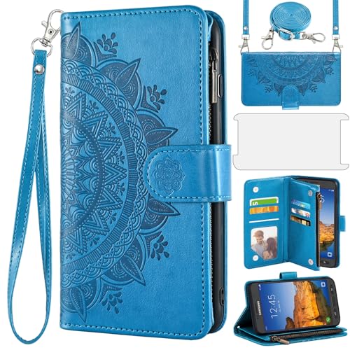 Asuwish Phone Case for Samsung Galaxy S7 Active with Tempered Glass Screen Protector and Slim Stand Hybrid Heavy Duty Rugged Protective Cell Cover S7Active S 7 7Active 7s G891A Women Men Blue