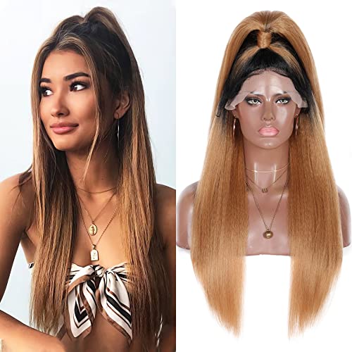 Youthfee 30" Rough Yaki Synthetic Lace Front Wigs with Updo Ponytail Lace Front Wigs for Women Long Yaki Straight Wig with Baby Hair (Ombre Black to Honey Blonde)