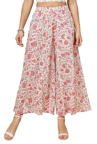 Image of Pistaa's Women's Regular Fit High Rise Pure Cotton Big Flair Printed Regular Palazzo