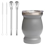 Beruth Bombilla Yerba Mate Gourd, 8oz Stainless Steel Tea Cup Set with a Multifunctional Lid, Two Straws and Cleaning Brushes, Double Walled Coffee Mug Heat Insulation Anti Scalding (Starry Sky Grey)