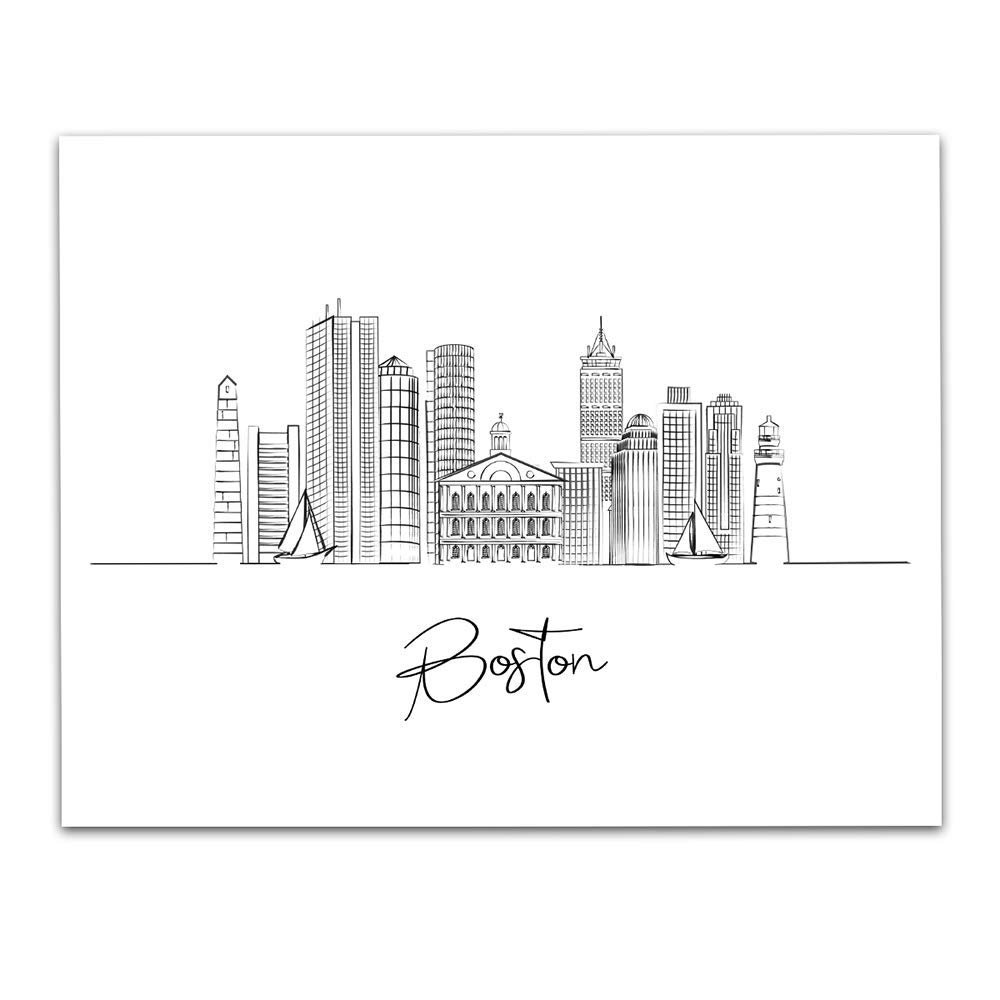 Boston Skyline Living Room Wall Decor, Black & White Wall Art, US Line Art Pictures for Living Room, Bedroom Hanging Decor Above Bed, Dining Room Print Art, Pictures Wall Print (11x14 in)