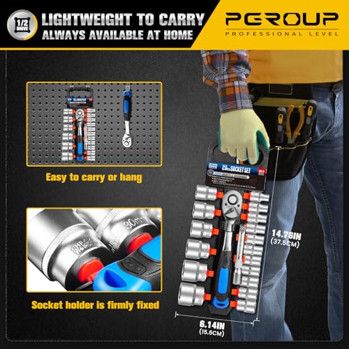 Image of 20 PCS 1 /2 inch Drive Metric Socket Wrench Set,90-Tooth Reversible Ratchet Handle,6 Point Shallow Sockets (8-32mm) and Extension Bar 5 inch, CR-V Steel, Car Repair Set