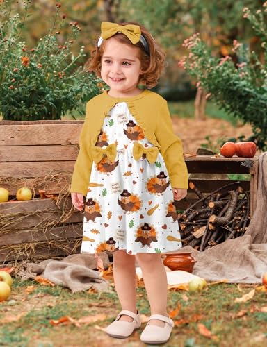Toddler Girl Dresses 1-5T Faux Two-Piece Bowknot Cardigan Dress with Hairband2