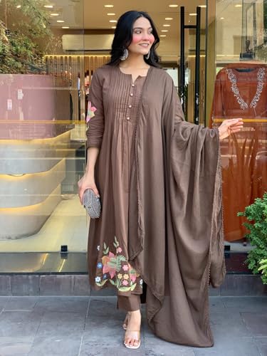 Image of GoSriKi Women's Rayon Viscose Embroidered Anarkali Kurta with Pant and Dupatta | Three Piece Ethnic Kurta Set for Women with Elegant Design