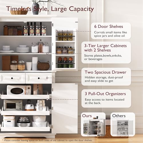 Image of Ball & Cast 71″Tall Farmhouse Kitchen Pantry Cabinet with 3 Pull Out Shelves & 2 Large Drawers,Versatile Pantryl Storage Cabinet w / 6 Door Shelf & Adjustable Shelves for Kitchen,Dining Room,White