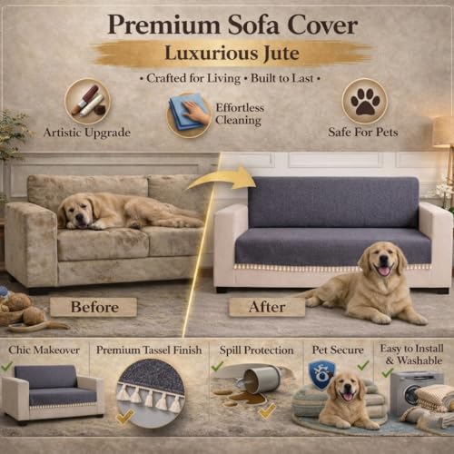Image of STITCHNEST Jute Sofa Cover - Black, 70x60 Inch | Soft Textured Fabric with Tassel| Full Coverage Sofa for Living Room Decor