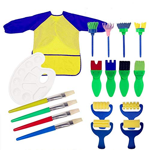 Centtechi 18 Pieces Sponge Painting Brushes Kids Drawing Brushes Set for Children with Palette and Waterproof Apron Early Learning Art Craft DIY Tools