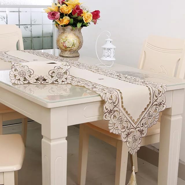 Image of MONKDECOR Floral Cutwork Design Dining Table Runner (Size-15x70 Inches) - Satin EMB-07 (Grey Border)