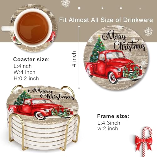 Image of Red Truck Christmas Coasters with Holder, 6 Pieces Round Wood Coasters Set, 4 Inch Vintage Holiday Drink Coasters with Merry Christmas Design, Gold Metal Holder, Absorbent Table Decor