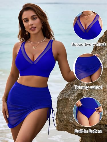 Image of Blooming Jelly Womens Swim Skirt High Waisted Bikini Sets Tummy Control Swimsuits Mesh Sarong Wraps Bathing Suits