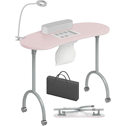 TABU Portable Manicure Nail Table, Foldable Manicure Table with Dust Collector Fan, LED Lamp, 4 Lockable Wheels and Carry Bag, Professional Nail Desk with Wrist Cushion (Pink)