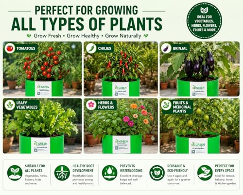 Image of HDPE Grow Bags for Plants 10X10 Inch (Pack of 10) | 260 GSM Heavy Duty UV-Protected Round Green Colour Plant Bags for Terrace and Vegetable Gardening | Strong & Reusable|