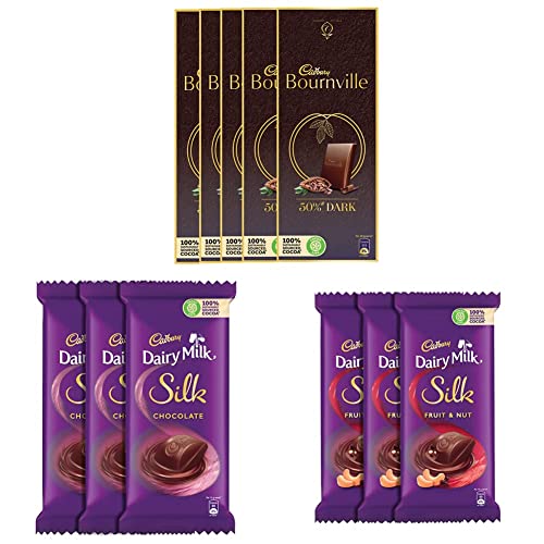 Image of Cadbury Bournville Rich Cocoa Dark Chocolate Bar, 80 gm (Pack of 5) & Dairy Milk Silk Chocolate Bar, 150g (Pack of 3) & Dairy Milk Silk Fruit and Nut Chocolate Bar, 137g (Pack of 3)