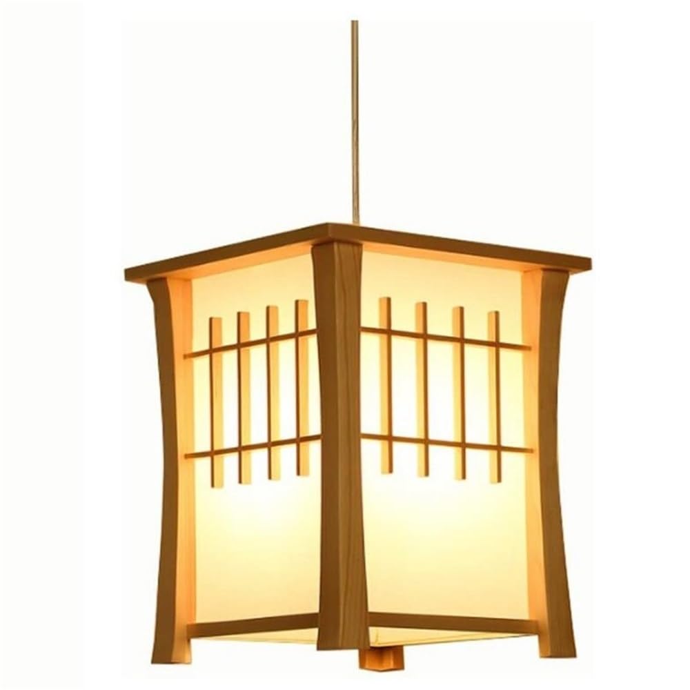 BLOOHK Japanese Pendant Light, Zen Traditional Wood Lantern Hanging Lamp, Square Minimalist Wood Chandelier for Dining Room, Tea Room, Kitchen Island
