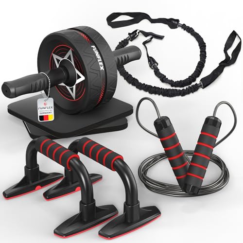 FUNFLEX Fitness juego de rodillos abdominales, mangos para flexiones, bandas de resistencia, cuerda para saltar y rodilleras - entrenamiento corporal completo en casa, equipamiento de fitness FUNFLEX Fitness juego de rodillos abdominales, mangos para flexiones, bandas de resistencia, cuerda para saltar y rodilleras - entrenamiento corporal completo en casa, equipamiento de fitness