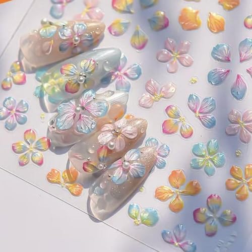 Image of Flower Nail Stickers for Nail Art Colorful Spring Summer Floral Nail Decals 5D Embossed Self Adhesive with Design Five-petaled Flowers Nail Charm for Women Girls Kid Manicure Supplies Accessories