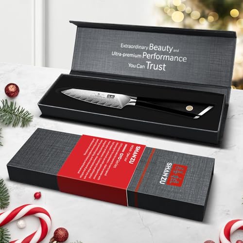 Image of SHAN ZU Damascus Paring Knife Fruit Knife 4 Inch Professional Kitchen Knives, Japanese Damascus High Carbon Steel 67-Layer Fruit Carving Knives with G10 Handle /Gift Box