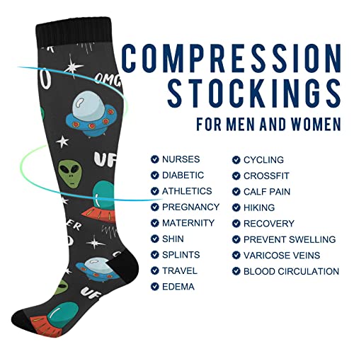 Wusikd Ufo Aliens Space Compression Socks for Women and Men Circulation Cartoon Long Socks for Athletic Running 14