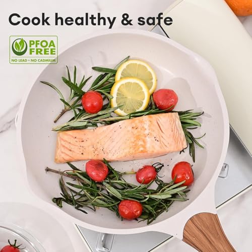 Image of Non-Stick Frying Pan with Wooden Finish Soft Touch Handle, 2.5mm Thickness, Consumes Less Oil, Even Heat Distribution, Induction Bottom and Gas Ready (White, 20cm)